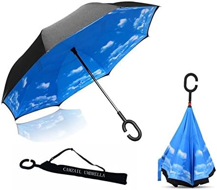 Camzail Double Layer Inverted Umbrella ,Windproof UV Protection Big Straight Reverse Folding Umbrella With C-Shaped Handle (blue sky)