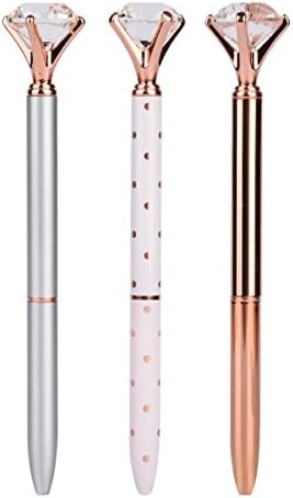 3 Pcs Rose Gold Pen with Big Crystal Diamond Metal Ballpoint Pen, Rose Gold /Silver Office Supplies with Gift Box, Black Ink (3pcs)