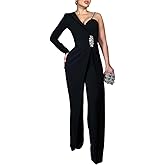 CHICME Women's One Piece Jumpsuit Asymmetrical Wide Leg Evening Romper with Crystal Shoulder Strap and Waist