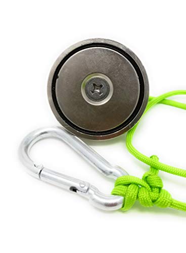 Magnet Fishing Kit "THE GREEN GRABBER" Fully Assembled Super Strong Magnet neodymium Premium 350 lbs force with factory locked eye bolt threads 100 ft of 550 Paracord and Snap Clip for safe attachment