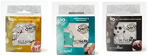 Savvy Travelers 10 Antiperspirant and deodorant Wipes - 10 Antibacterial Hand and Body Wipes - 5 Lens Cleaning Wipes