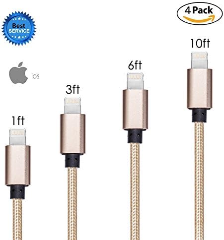 GOPROOF 1FT 3FT 6FT 10 FT (each 1pcs) Nylon Lightning Cable USB Charging Cable Cord Charger for iPhone 7,7 Plus,6S,6 Plus,SE,5S,5,iPad,iPod Nano 7 (gold)