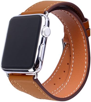 FACTEK for Apple Watch Band 42mm Double Tour Genuine Leather Band Brown
