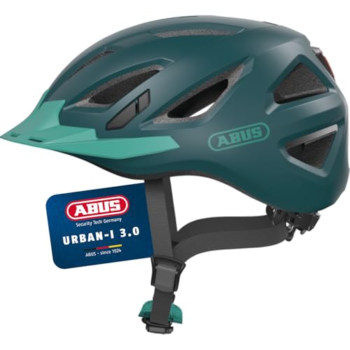 ABUS Stadthelm Urban-I 3.0 - Fahrradhelm mit Rücklicht, Schirm und Magnetverschluss - für Damen und Herren - Blaugrün, Größe M