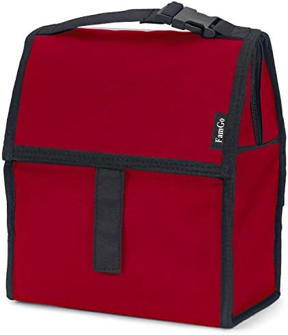 FamGo Red Lunchbag Insulated Cooler Tote with velcro and Zippered Closure, Foldable and Multi-purpose