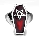 MENDINO #9 Vintage Stainless Steel Ring Pentagram Pentacle Coffin Evil Dark Red with a Velvet Bag