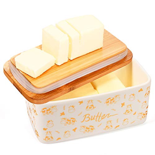 Lumicook porcelain butter dish with lid, Natural bamboo lid, seal included for airtight butter dish, butter holder easily fits 2 sticks of butter