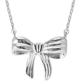 Ribbon Bow Necklace, Long Draped Bow Pendant, Minimalist Chain, Dainty Cute Jewelry for Women, MUSTHAVE 18K Gold Plated Bow Ribbon Pendant Necklace with Message Card, 16+2" Chain, Gift for Her (White Gold)
