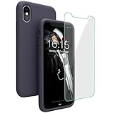 Compatible with iPhone Xs/X Case, iPhone 10 Case, JASBON Liquid Silicone Phone Case with Free Screen Protector Gel Rubber Shockproof Cover Full Protective Case for Apple iPhone Xs/X-Dark Blue