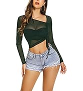 Avidlove Women Mesh Crop Top Drawstring Long Sleeve See Through Shirt Strappy Sheer Blouse S-XXL
