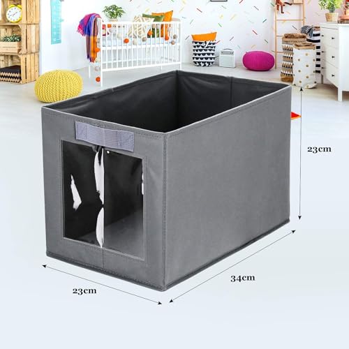 DIMJ Foldable Storage Boxes with Transparent Window Fabric Collapsible Storage Bin Basket with Handle for Wardrobe, Closet, Shelves Organiser (3 Pieces)