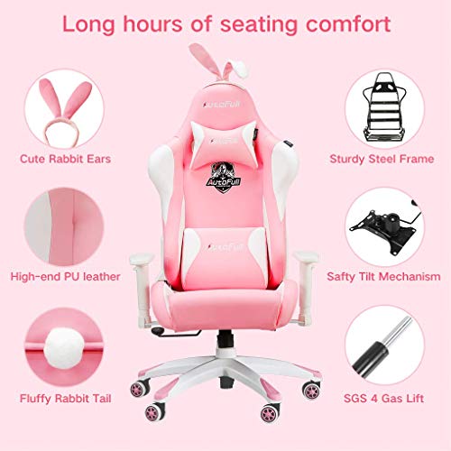 Gaming Chair Large Size High-Back PU Leather Ergonomic Racing Seat with Lumbar Support, Rabbit Ears and Fluffy Tail, Pink - Thumbnail 3