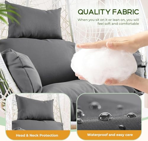 joomie Waterproof Egg Chair Cushion Replacement 119x79x13 cm Thicken Hanging Egg Swing Chair Cushion Indoor Outdoor Wicker Rattan Hammock Basket Cushion with Headrest Pillow, Grey 26
