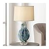 Teresa Modern Table Lamp Ceramic Hand Painted Teal Drip Beige Fabric Drum Shade for Living Room Family Bedroom Office…