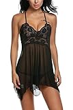 Avidlove Halter Lace Babydoll Lingerie Chemise See-through Irregular Length Dress Black XL