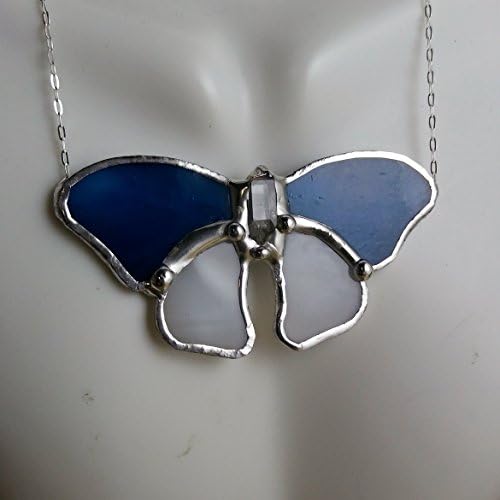 Stained Glass Necklace, Crystal Point &amp; Dark Blue &amp; White Opaque Stained Glass w Lead-Free Solder &amp; Sterling Silver.