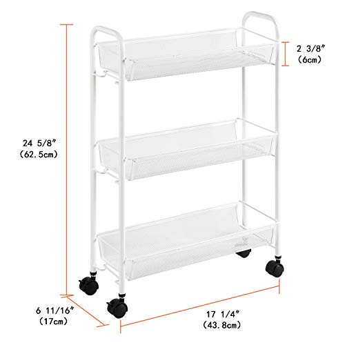 DESIGNA Rolling Household Trolley Cart, 3 Tier Slim Utility Carts with Steel Wire Shelves, Mesh Storage Cart with Easy Moving Wheels for Home Kitchen Bathroom, Multi-Function, White