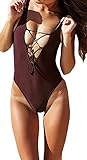 Women Monikini Swimsuit One Piece Sexy Cute Bathing Suits Lace-up U Back (L, Burgundy)
