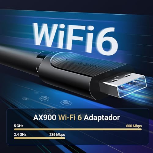 UGREEN WiFi6 Antena WiFi para PC/Laptop, AX900 Adaptador WiFi USB con Antena de Banda Dual de 6 dBi de Alta Ganancia,5GHz/600 Mbps, 2,4GHz/286 Mbps Doble Banda, WiFi USB Compatible con Windows 10/11