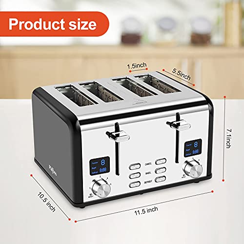 Playoos Toaster 4 Slice, Stainless Steel Toaster with LED Digital Timer