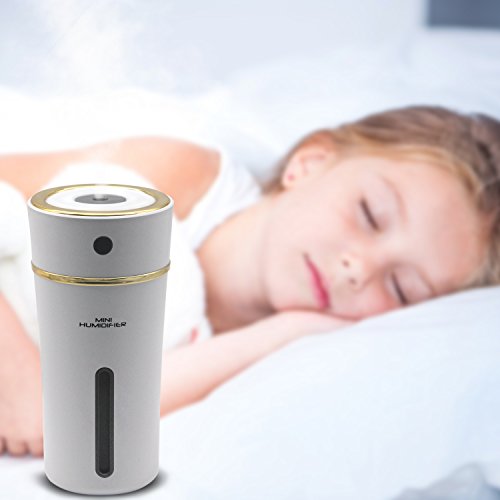 Rechargeable Cool Mist Humidifier White - Azmall 300ml Car Humidifier Portable Cup Humidifier for Car Home Office Baby Living Room Office Yoga with Automatic Shut off, Night Light Function