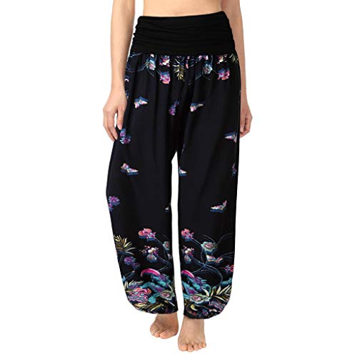 DONTAL Yoga Pants Womens Plus Size Print Ladies Harem Full Length Pants Trouser Wide Leggings Black