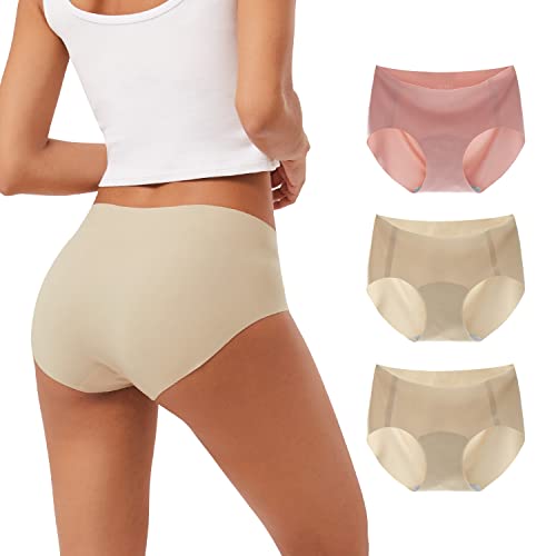 Innersy Slip Damen Nahtlos Spandex Unsichtbare Unterhosen Seamless Hipster Unterwäsche 3 Pack (S, Rosa/2 Beige)