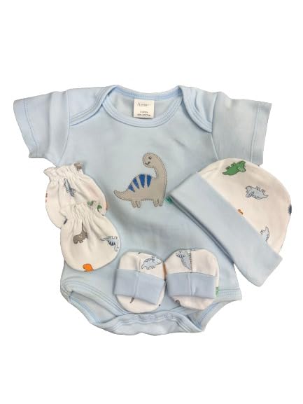 Baby Luxury Gift Set - 4 Piece, 100% Cotton, Bodysuit, Booties, Hat, Baby Toy, Girls, Boys - 0-3 Months, Blue