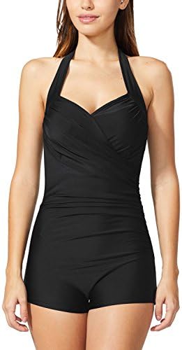 Betticoo Women's Boy-Leg One Piece Swimsuit Halter Ruched Monokini Bathing Suit Tummy Control