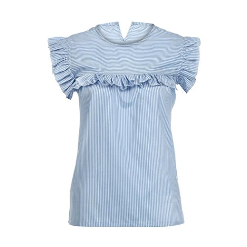 TAORE Women's O-Neck Striped Sleeveless Casual Shirts Blouse Casual Top Blouses (L, Blue)