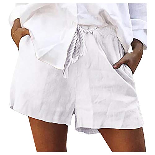 Botrong Women Casual Solid Cotton Shorts Pants Lace Up White