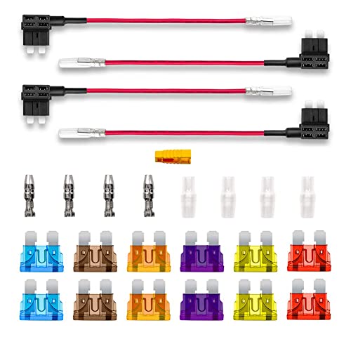 BeiLan 12V 24V Standard Add-a-Circuit Fuse Tap, 4pcs ACU Medium Piggy Back Blade Fuse Holder with Wire Harness, 12pcs Fuse (3A 5A 7.5A 10A 15A 20A) and 1pcs Fuse Puller