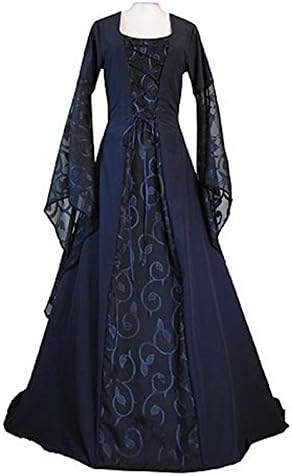 Womens Renaissance Medieval Costume Lace Up Floor Length Gown Long Dress (XL, blue)