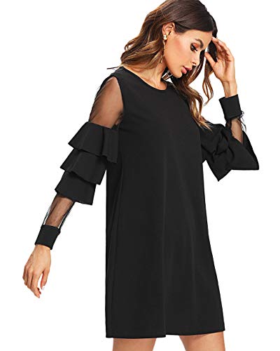 DIDK Damen Elegant Kleider Rundhals Minikleider Locker mit Netzstoff und Glockärmeln – Bild 4