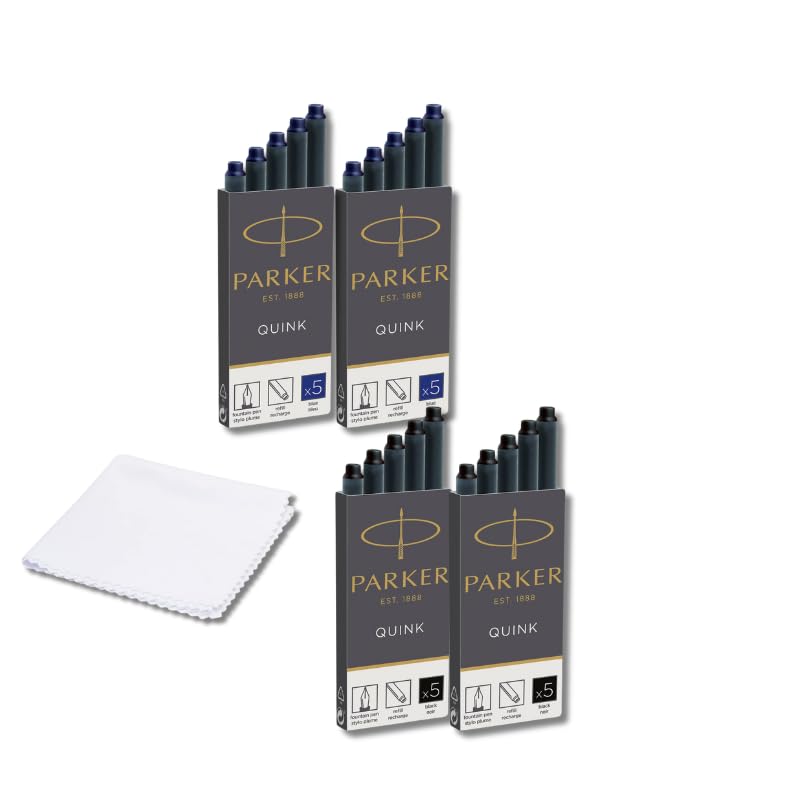 Parker Quink Fountain Pen Ink Cartridges 10 pcs Blue,10 pcs Black + Cloth