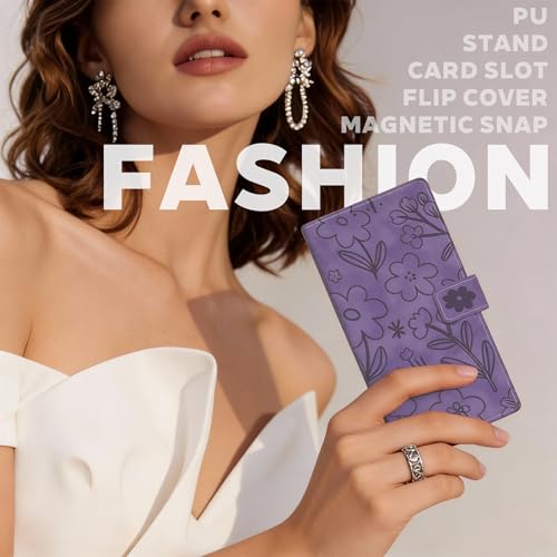 Bemoloon Flip Flowers Case for Samsung Galaxy A57 5G 6.7" SM-A576B/DS Mobile Phone Case with Card Slots and Pocket, Purple Flower