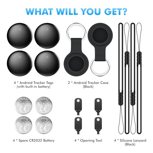 Air Tracker Tags for Android with Case- Bluetooth Tracker Item Finder for Key, Wallet, Luggage - Works with Google Find Hub, IP66 Waterproof, Smart Tag for Android & Samsung Phones (4 Black)