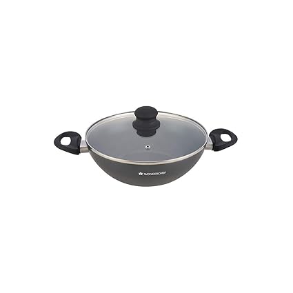 Wonderchef Premia 28cm Wok Pan Non Stick Kadai Hard Anodised Aluminium Kadhai with Lid