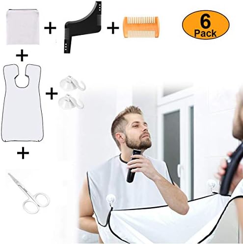Beard Shaving Apron Bib & Beard Shaping Tool Kit 6-in-1 For Men - Hair and Beard Catcher, Shaving Bag, Beard Shaper Template, Wooden Beard Comb, Suction Cups, Travel Toiletry Bag- Perfect Gift for man