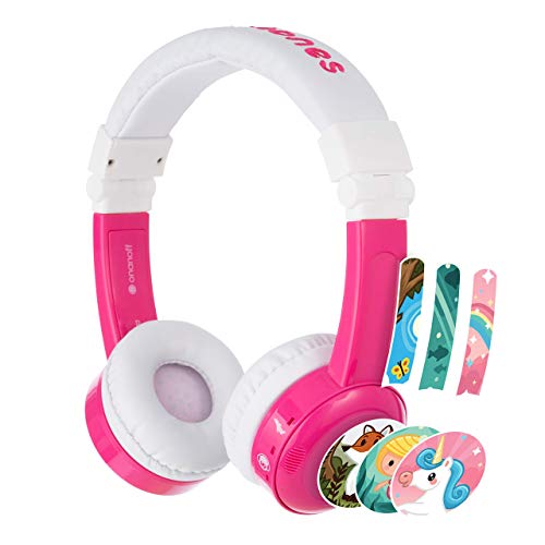 ONANOFF BuddyPhones Inflight, Volume-Limiting Kids Headphones, 3 Volume Settings of 75, 85 and 94 dB, Includes Travel Mode, Perfect for Airplanes, Trains and Cars, Built-in Audio Sharing Cable, Pink
