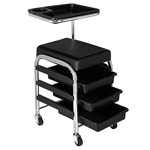 TryMe Mobile Salon Rolling Trolley Chair,Nail Pedicure Beauty Storage Stool Black