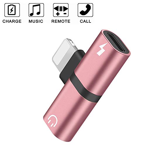 for iPhone Adapter Headset Adapter for iPhone7/7Plus/8/8Plus/Xs/Xs Max Headphone Splitter Adapter for iPhone Dongle 2 in 1 Chargers & Audio Connector Accessories,Fast Car Charger Splitter,Rose-Gold