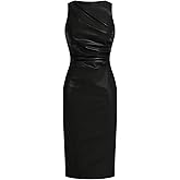 WDIRARA Women's PU Leather Ruched Sleeveless Slit Bodycon Midi Tank Dress