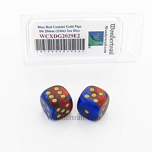 WCXDG2029E2 Blue and Red Gemini Dice with Gold Pips 20mm (3/4in) D6 Pack of 2