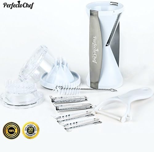PerfectoChef New Vegetable Spiral Slicer 4 blades Spiralizer Set - 150% Bigger with Ceramic Peeler - Garlic Press - Cleaning Brush - Recipes Book and 4 eBooks Bonus (White, Large)