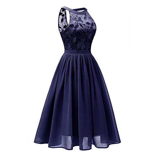 DEATU Princess Lace Dress Women Vintage Floral Cute Lace Cocktail Neckline Ladies Party Aline Swing Sleeveless Dress(B-Navy,S)