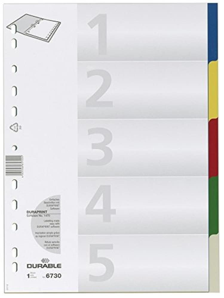 Durable Index with Coloured Tabs, 5 – TAB Index (5, Multi-Coloured, Polypropylene (PP), Blank, Portrait, A4)