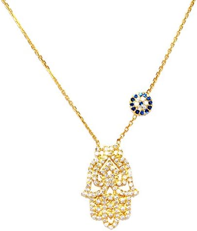 Gold Plated Sterling Silver Cubic Zirconia Guardian Eye and Hamsa Necklace 16 - 18" Adjustable