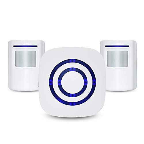Jiexinsheng Home Security Driveway Alarm,Door Bell Chime with 1 Plug-in Receiver and 2 PIR Motion Sensor Detector Alert System, 38 Chime Tunes - LED Indicators