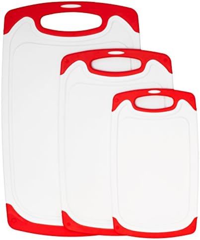 KONPEX Plastic Cutting Boards set, Dishwasher Safe, Large with Juice Groove and Non-Slip Feet (RED)